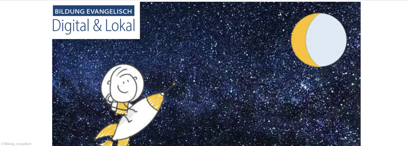 Zeichnung Sternenhimmel, Mensch auf Rakete fliegt zum Mond, Logo "Bildung evangelisch"; ©: Bildung_evangelisch Zeichnung Sternenhimmel, Mensch auf Rakete fliegt zum Mond, Logo "Bildung evangelisch"