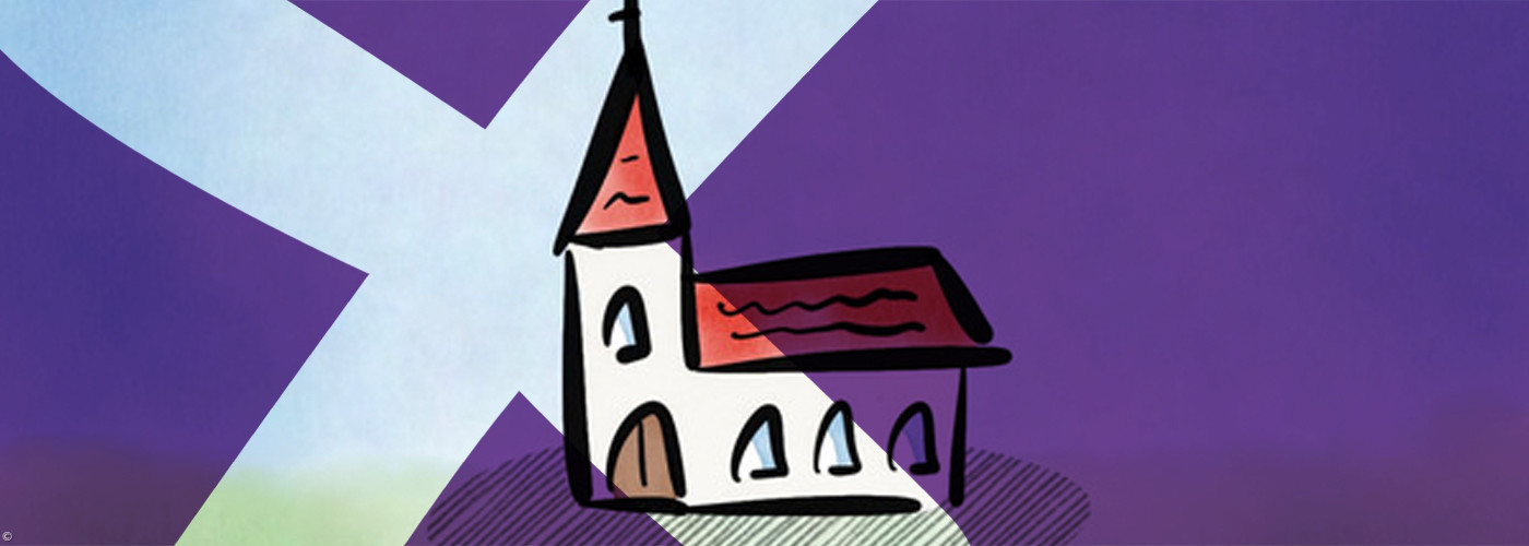Gemalte Kirche mit Kreuz überlegt