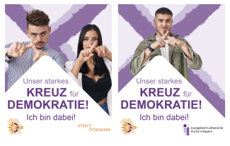 Porträts vor Wahlkreuz und mit dem Slogan "Unser starkes Kreuz für Demokratie - Ich bin dabei!"